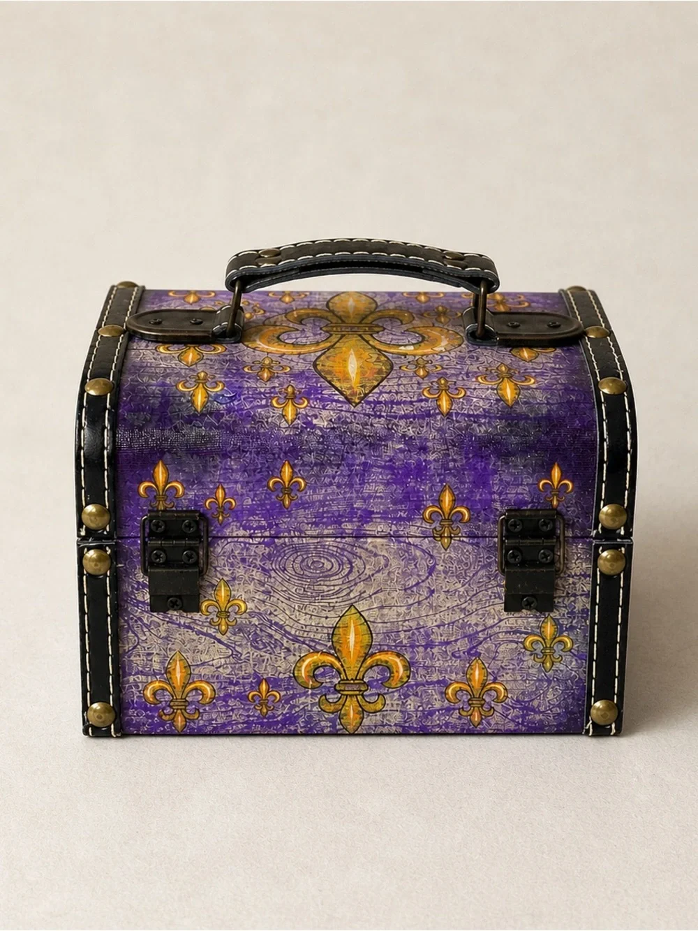 Vintage‎ Purple Fleur De Lis Trinket Jewelry Box Chest Lockable
